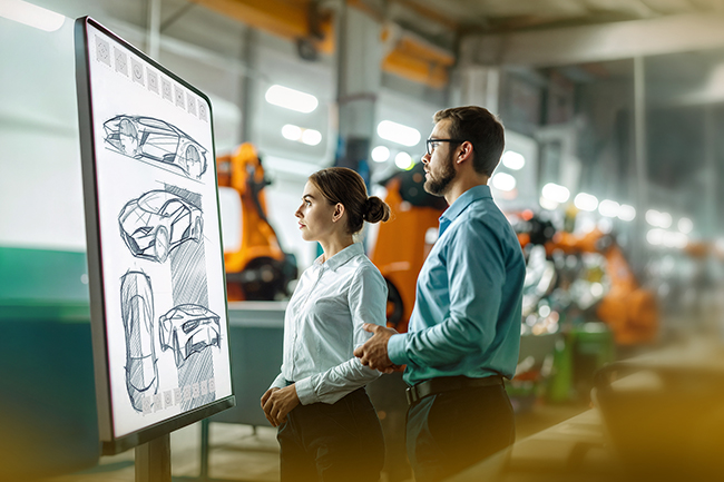 Future vision of the automotive industry: A woman and a man are looking at a screen showing sketches of futuristic cars.