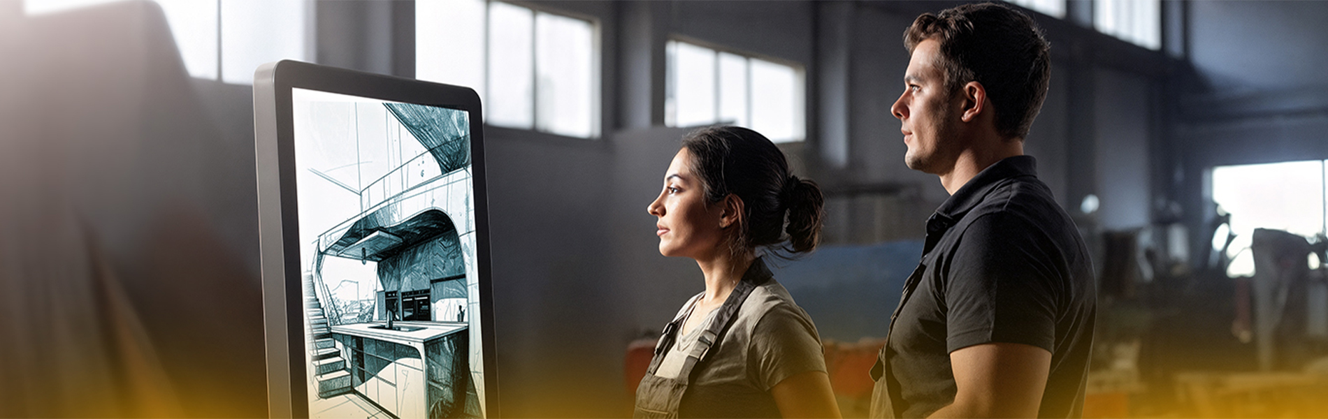 Future vision of the wood industry: A woman and a man are looking at a screen showing a modern kitchen.