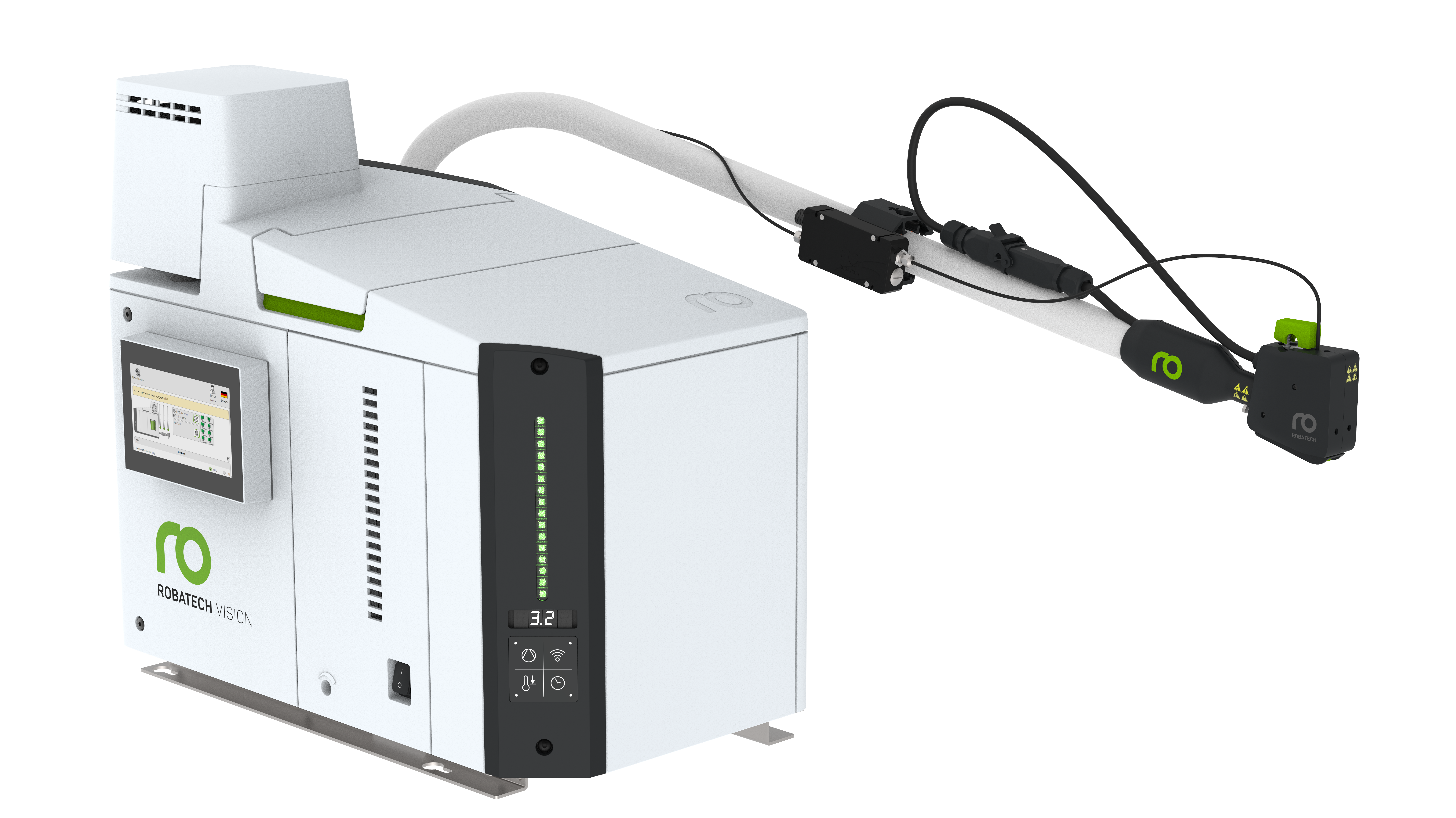 Système d'application de colle chaude composé du fondoir Vision, du tuyau chauffant Performa et de la tête d'application électrique Volta.   